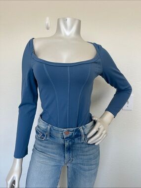 Free People Slate Blue Long-Sleeve Scoop-Neck Bodysuit